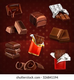 Chocolate bars and pieces, vector set dark