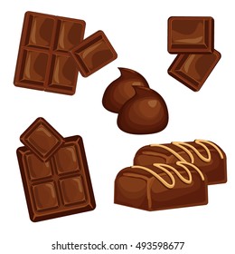 Chocolate bars and pieces vector set. Sweet brown candy chocolate gourmet delicious. Tasty ingredient sugar chocolate dessert food candy cocoa isolated. Chocolate dessert bar milk black eat design.