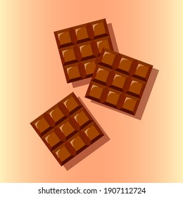 Chocolate bars in pink background with shadows. Delicious brown food illustration of confectionery products.