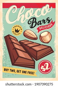 Chocolate Bars Retro Ad For Candy Desserts Store. Chocolates With Almonds And Hazelnuts Vintage Poster Design. No Gradients And Effects, Just A Fill Colors. Vector Illustration.