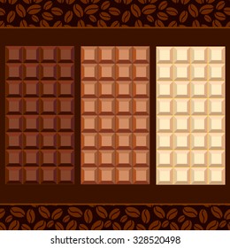 Chocolate bars set on the coffee background. Dark, classical and milk chocolate. Packaging collection. Backgrounds & textures shop.