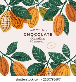 Chocolate bean with leaves textured illustration. Vintage style design template.