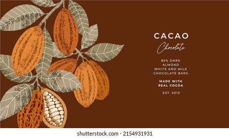 Chocolate bean textured illustration. Vintage style minimalist horizontal design template. Cacao bean.