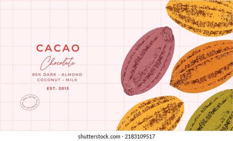 Chocolate bean textured illustration. Vintage style minimalist horizontal design template. Colorful cacao bean.