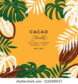 Chocolate bean with tropical leaves textured frame illustration. Vintage style design template. Cacao bean.