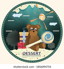 chocolate bear with candy, sitting next to gift boxes, labeled dessert, round sticker flat design