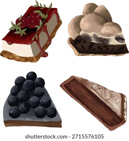 Ilustrações de fatias de bolo de chocolate e de mesa de Berry