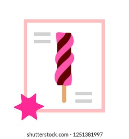 Chocolate berry swirl lollipop ice cream on a stick. Framed ice cream signboard vector icon flat illustration isolated on white