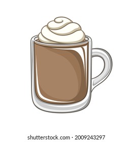 Chocolate beverage drink with whipped cream in tall glass mug clipart vector illustration.