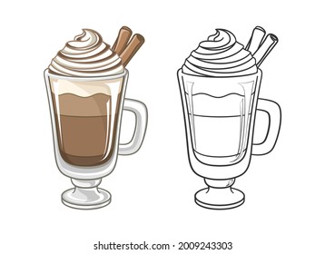 Chocolate beverage drink with whipped cream and cinnamon in tall glass mug clipart. Outline and colored vector illustration set. Coloring book page element activity for kids and adults.