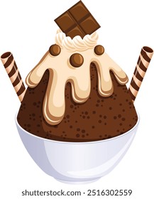 Bingsu de Chocolate com Creme Pesado, Barra de Chocolate, Candies e Wafer Roll Toppings. Sobremesa de gelo raspada coreana à base de leite 