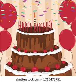 Chocolate birthday cake and balloon vector

