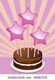 Chocolate birthday cake with balloons on a starburst background