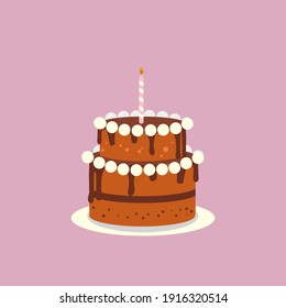 Chocolate Birthday Cake with brown colour, brown and white cream, and birthday candle. in Flat color