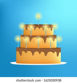 chocolate birthday cake with burning candles on blue background, vector illustration