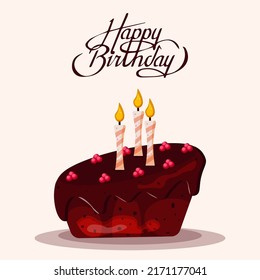 Chocolate birthday cake with candles. Happy Birthday greeting card design element. Cartoon style vector clip art illustration.