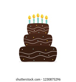 Chocolate birthday cake with candles vector cartoon illustration.