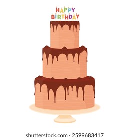 Chocolate birthday cake with colorful happy birthday candles isolated on white background. Vector