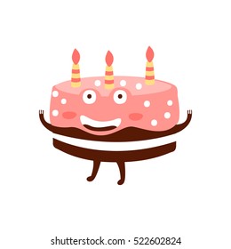 Chocolate Birthday Cake With Three Candles Children Birthday Party Attribute Cartoon Happy Humanized Character In Girly Colors