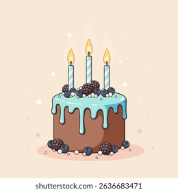 Chocolate birthday cake with three lit candles, blue icing, blackberries, and blueberries on pastel background.