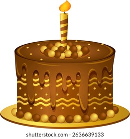 Chocolate Birthday Cake Vector with Candle and Golden Toppings – Designer Chocolate Cake Illustration 