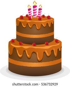 Chocolate Birthday Cake Vector with cherries and pink candles on top