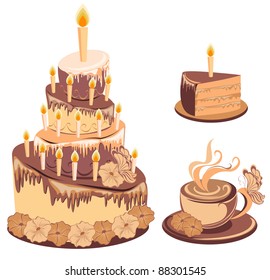 Chocolate birthday cake. Vector illustration