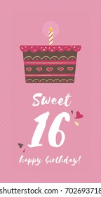 Chocolate birthday cake vector. Sweet sixteen birthday anniversary card design. Black forest layered sweet cake for birthday party.