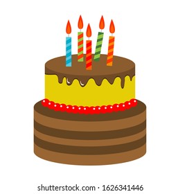 Chocolate birthday cake with a white background. Illustration of a lit candle.