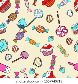 Chocolate birthday dessert cupcake illustration. Seamless delicious cupcakes and muffins vector cartoon on white, black and beige.