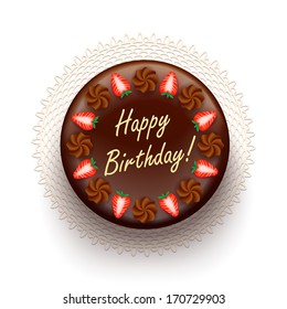 Chocolate birthday pie with strawberries and compliment message isolated vector illustration