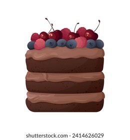 Chocolate biscuit cake with cherry, raspberry, strawberry and cacao cream. Bakery, sweet food, dessert, pastry concept. Vector illustration for poster, banner, cover, card, postcard, menu.