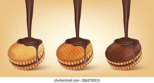 Chocolate biscuit cookies with chocolate melting in the middle isolated on solid color background. Vector realistic in 3d illustration.