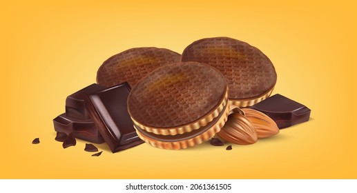 Chocolate biscuit cookies in the middle isolated on solid color background. Vector realistic in 3d illustration.