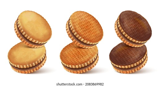 Galletas de galletas de chocolate en el medio aisladas sobre fondo blanco. Vector realista en ilustración 3d.