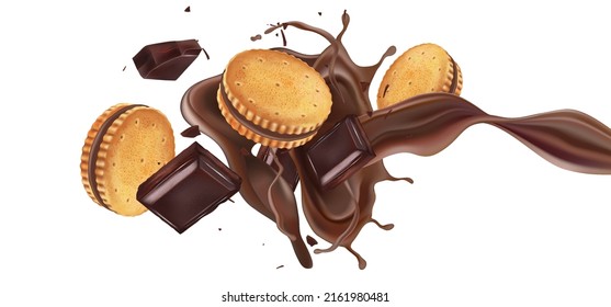 Galletas de galletas de chocolate en el medio aisladas en un fondo de color sólido. Vector realista en ilustración 3d.