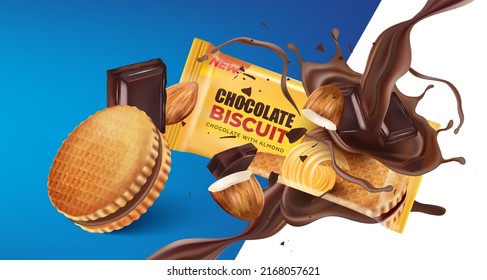 Galletas de galletas de chocolate en el medio aisladas en un fondo de color sólido. Vector realista en ilustración 3d. El embalaje se burla.