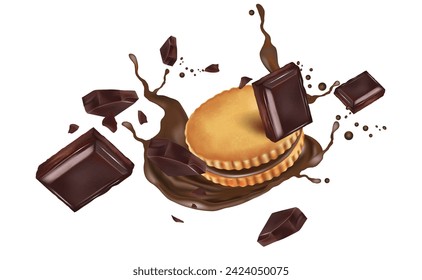 Galletas de galletas de chocolate en el medio aisladas en un fondo de color sólido. Vector realista en ilustración 3d.