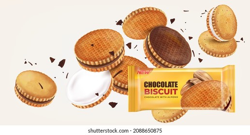 Chocolate biscuit cookies with Packaging flying in the middle isolated on solid color background. Vector realistic in 3d illustration.