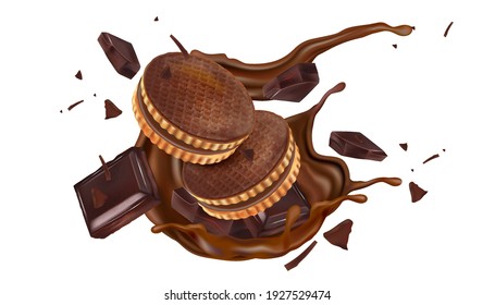 Galletas de galletas de chocolate con chocolate salpicadas en el medio aisladas sobre un fondo de color sólido. Vector realista en ilustración 3d.