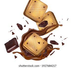 Galletas de galletas de chocolate con chocolate salpicadas en el medio aisladas sobre un fondo de color sólido. Vector realista en ilustración 3d.