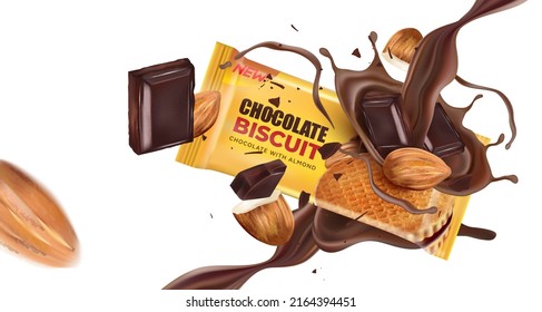Chocolate biscuit cookies splashing in the middle isolated on white background. Vector realistic in 3d illustration. Packaging mock up.
