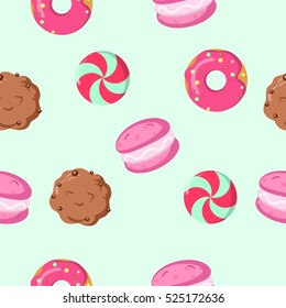 Chocolate biscuit, macaroon, caramel candy seamless pattern. Endless texture with delicious sweets. Wallpaper design with fresh confectionery. Tasty bakery. Vector illustration in flat style design