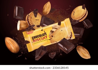 Chocolate biscuit with packaging  mock up and cocoa powder splashing in the middle isolated on white background, Vector realistic in 3d illustration. Food concept.