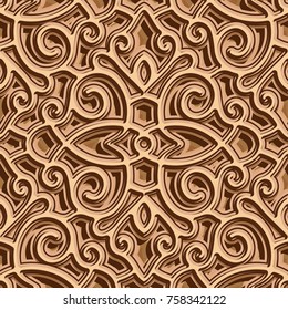 Chocolate biscuit texture with curly ornament, vector seamless pattern