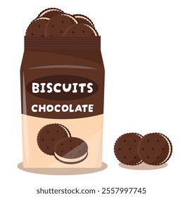 Chocolate biscuits in bag vector illustration. Cookies or crackers dessert collection.