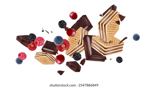 Chocolate biscuits with Mixed berry flying in the middle isolated on white background, Vector realistic in 3d illustration. Food concepts.