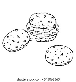 Chocolate biscuits with nuts. Vector illustration of cookies with chocolate and nuts. Hand drawn icon, logo biscuit. Tasty round cookies.