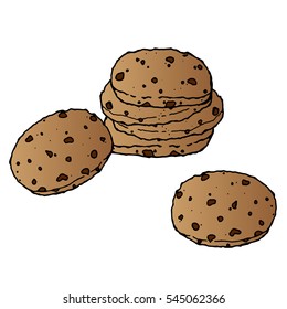 Chocolate biscuits with nuts. Vector illustration of cookies with chocolate and nuts. Hand drawn icon, logo biscuit. Tasty round cookies.