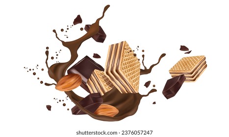 Chocolate and Biscuits splashing in the middle isolated on white background, Vector realistic in 3d illustration. Food concept.